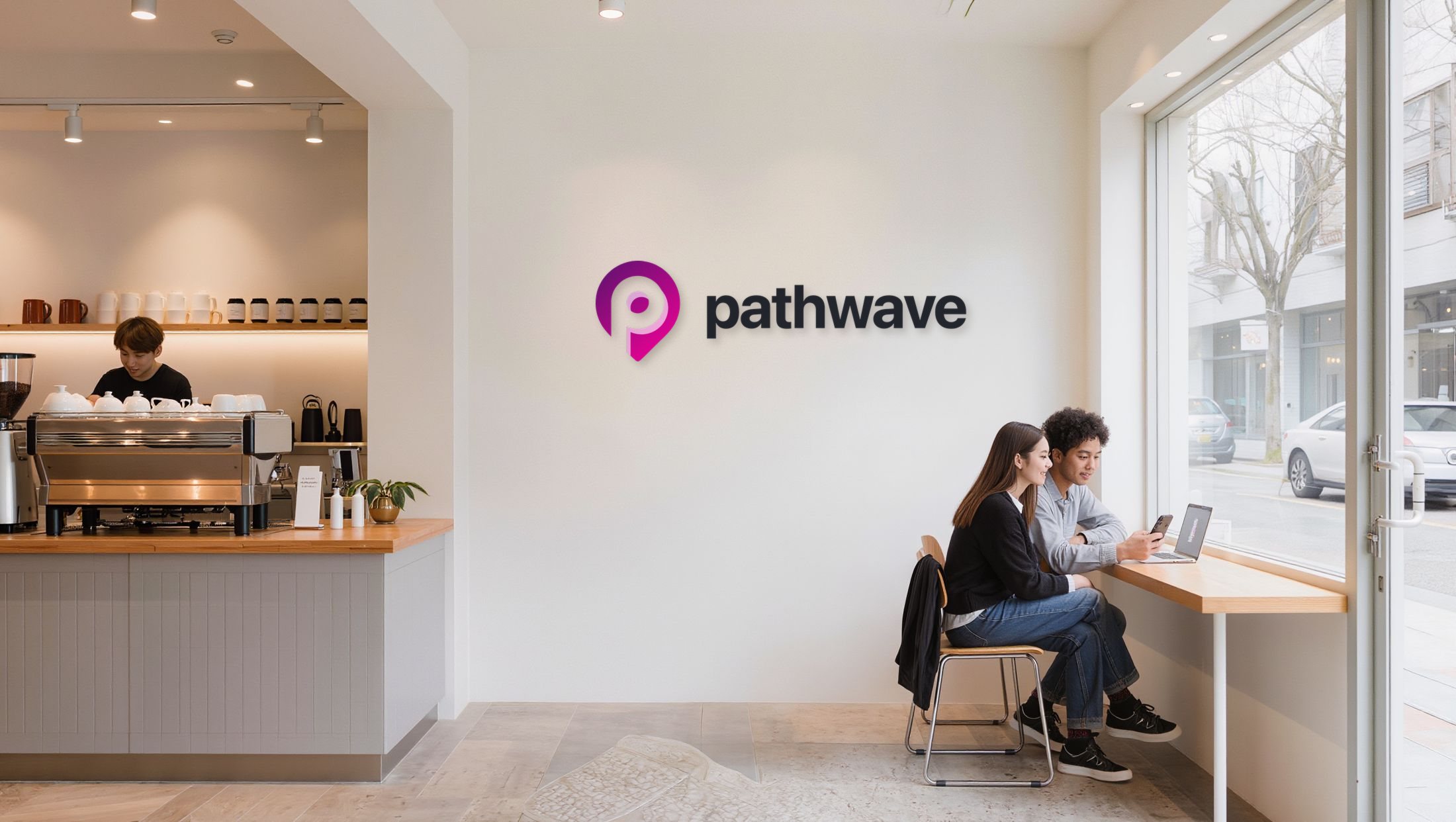 Pathwave 로고가 걸린 밝은 카페 창가에서 휴대폰을 함께 보는 두 여행자